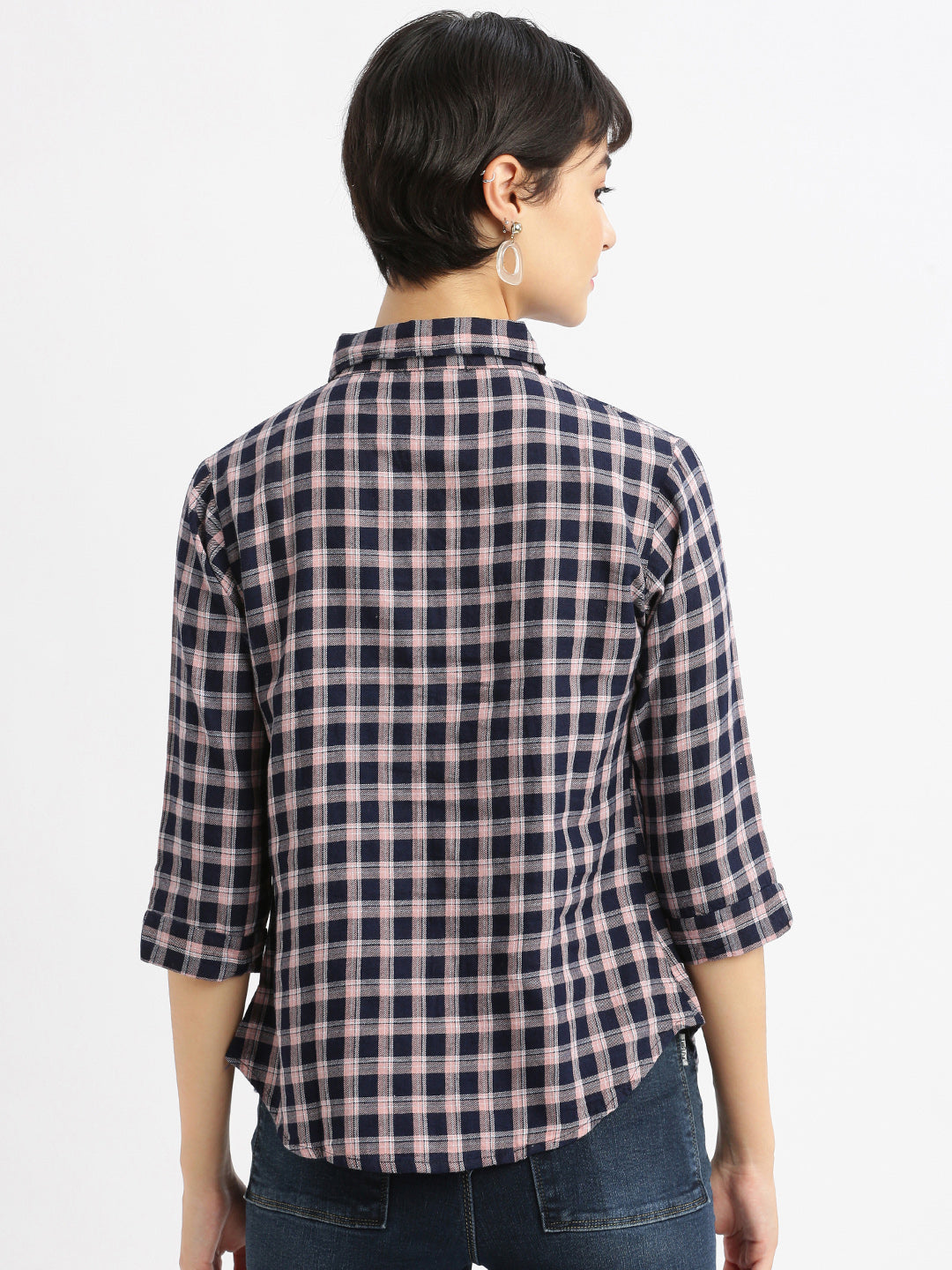 Women Checked Navy Blue Slim Fit Shirt