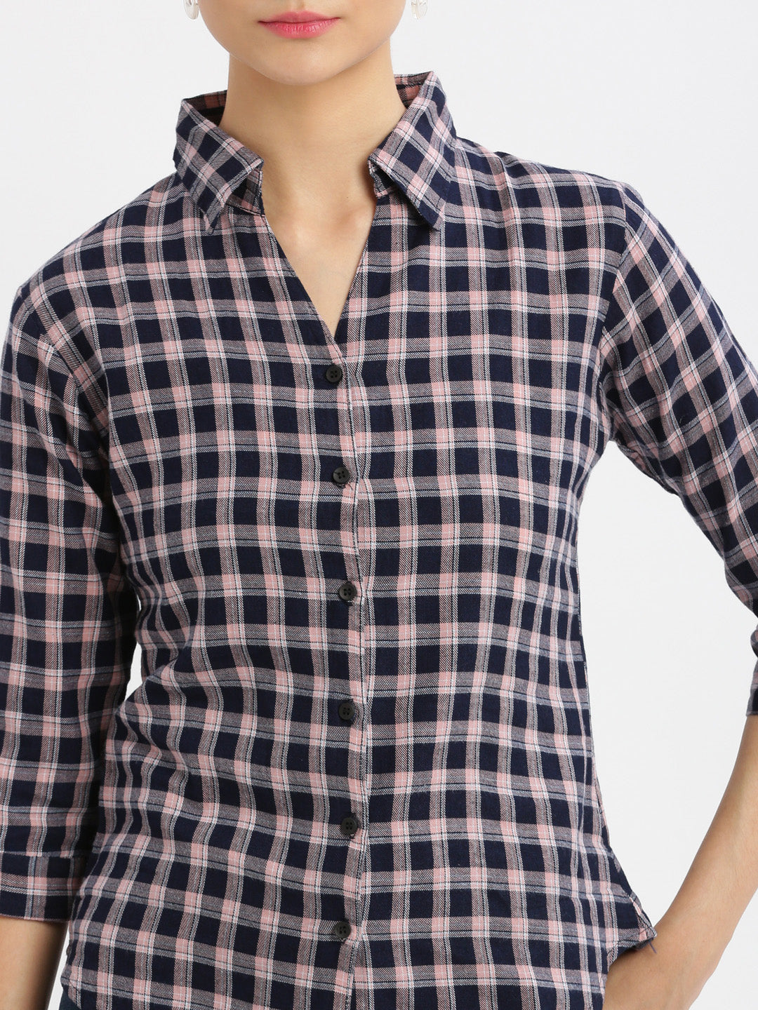 Women Checked Navy Blue Slim Fit Shirt