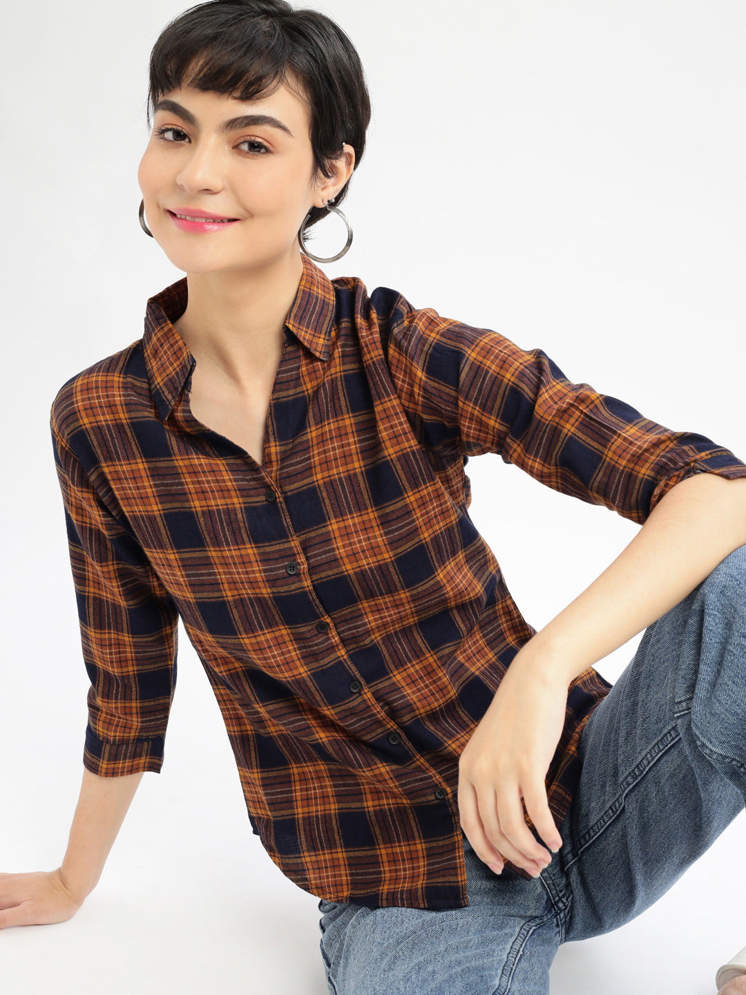 Women Checked Navy Blue Slim Fit Shirt