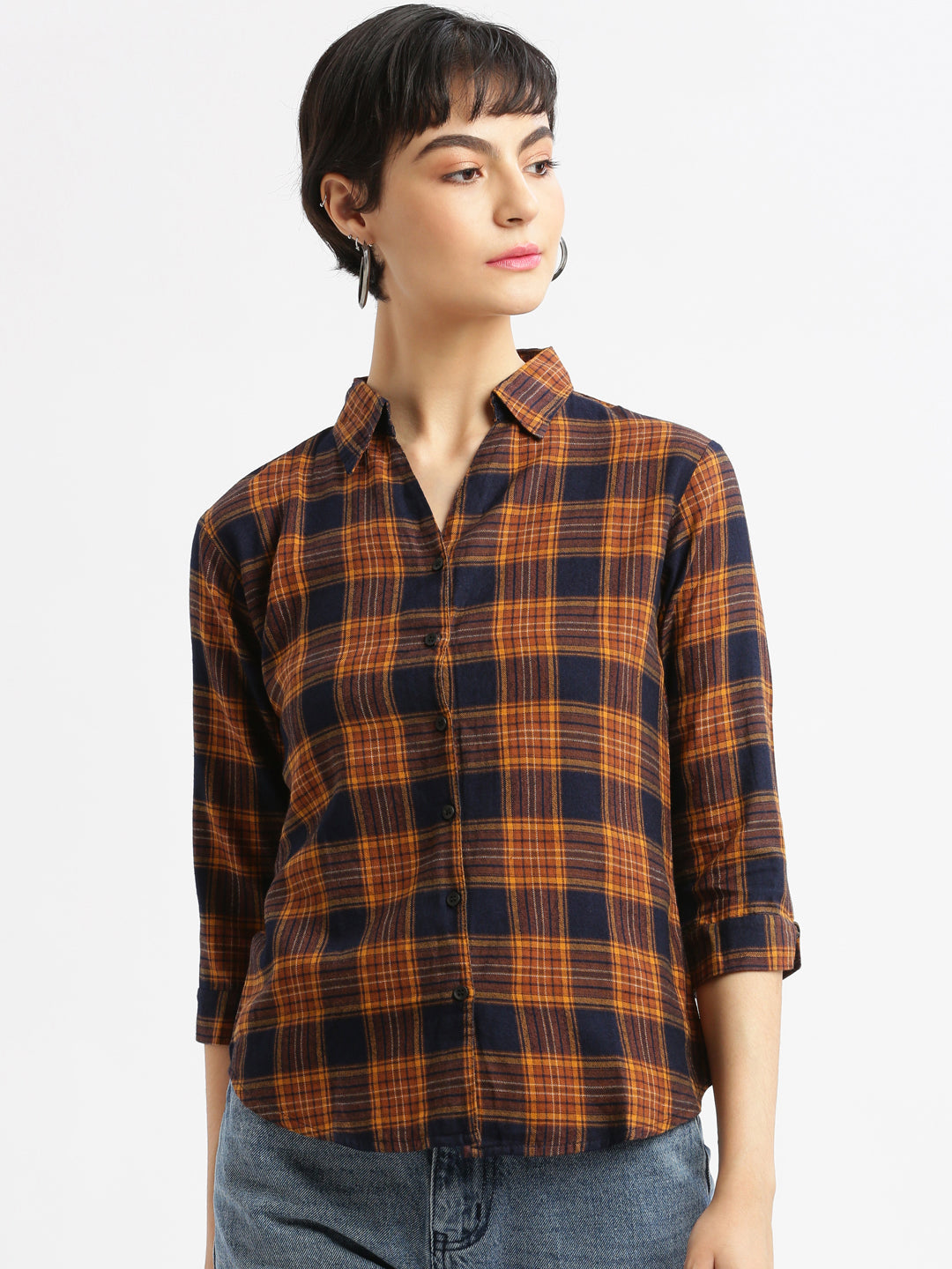 Women Checked Navy Blue Slim Fit Shirt