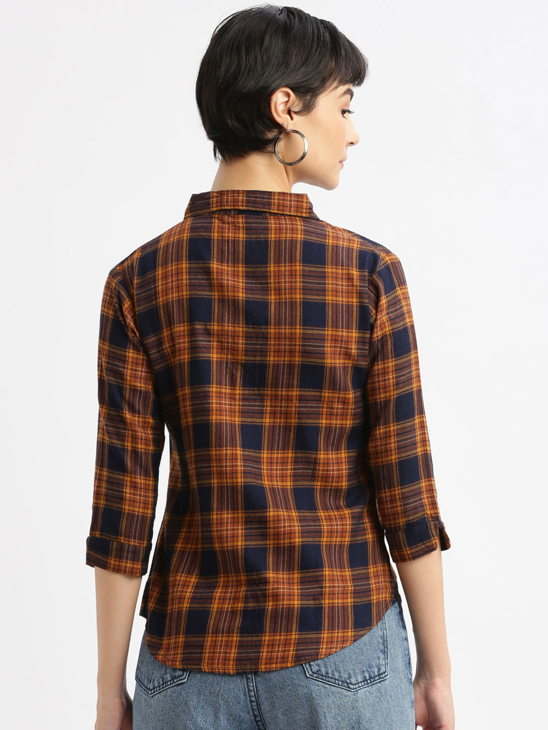 Women Checked Navy Blue Slim Fit Shirt