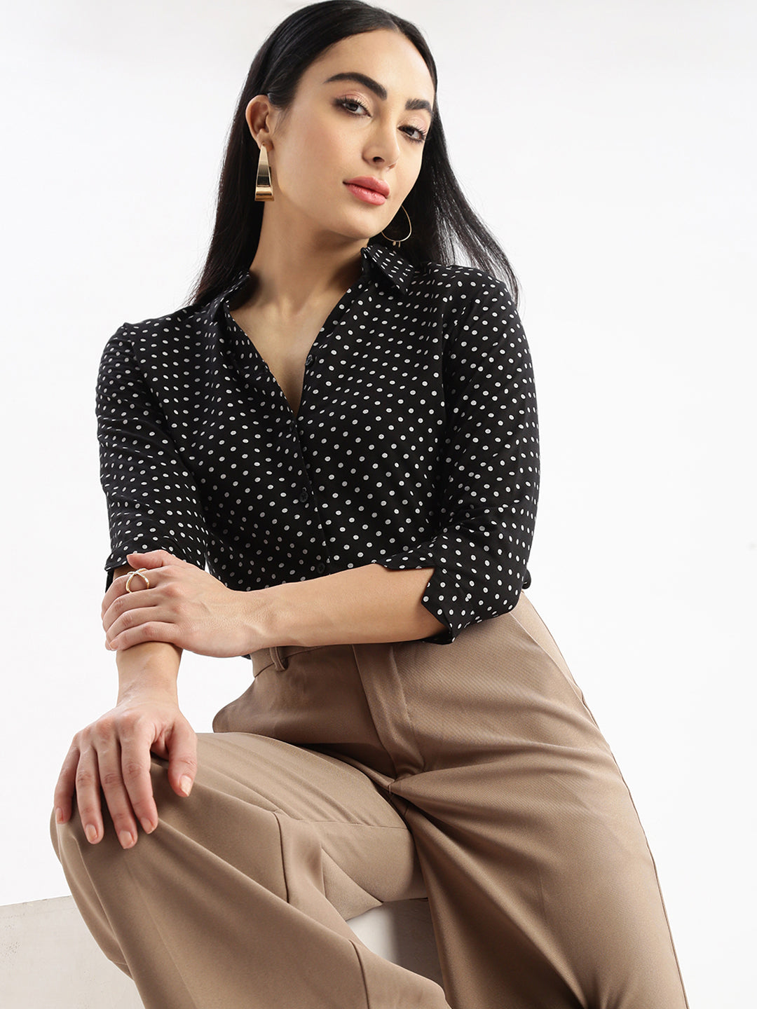 Women Polka Dots Black Slim Fit Shirt