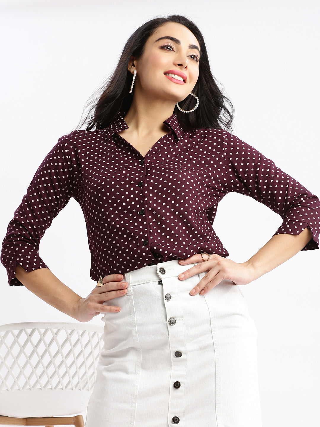 Women Polka Dots Purple Slim Fit Shirt