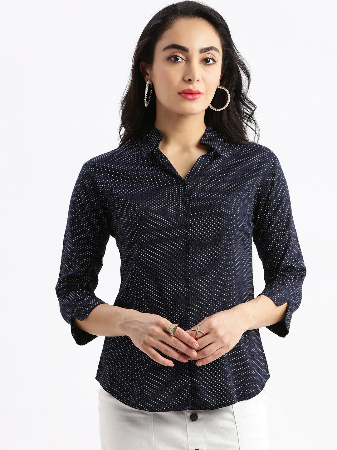 Women Micro Print Navy Blue Slim Fit Shirt