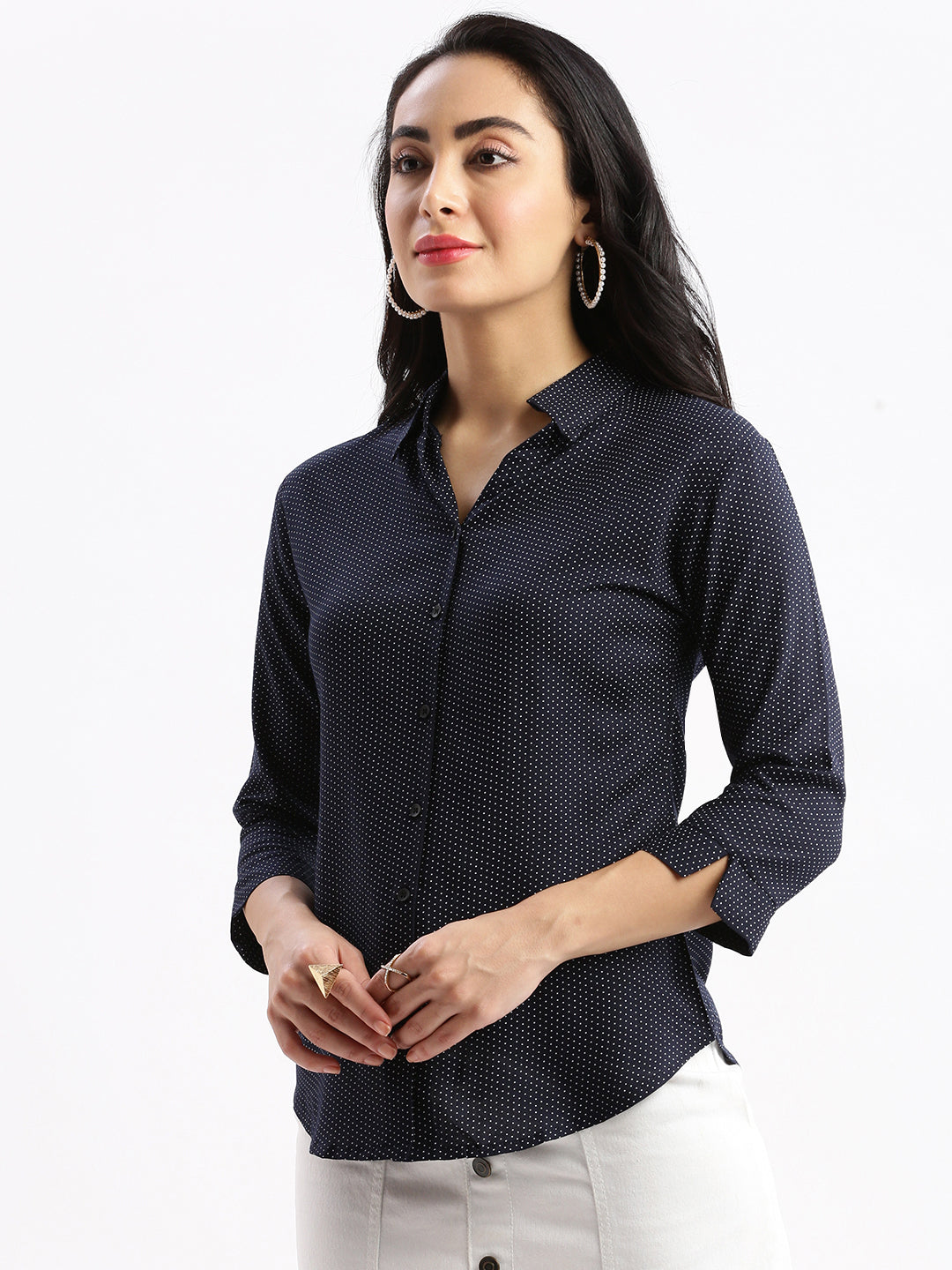 Women Micro Print Navy Blue Slim Fit Shirt