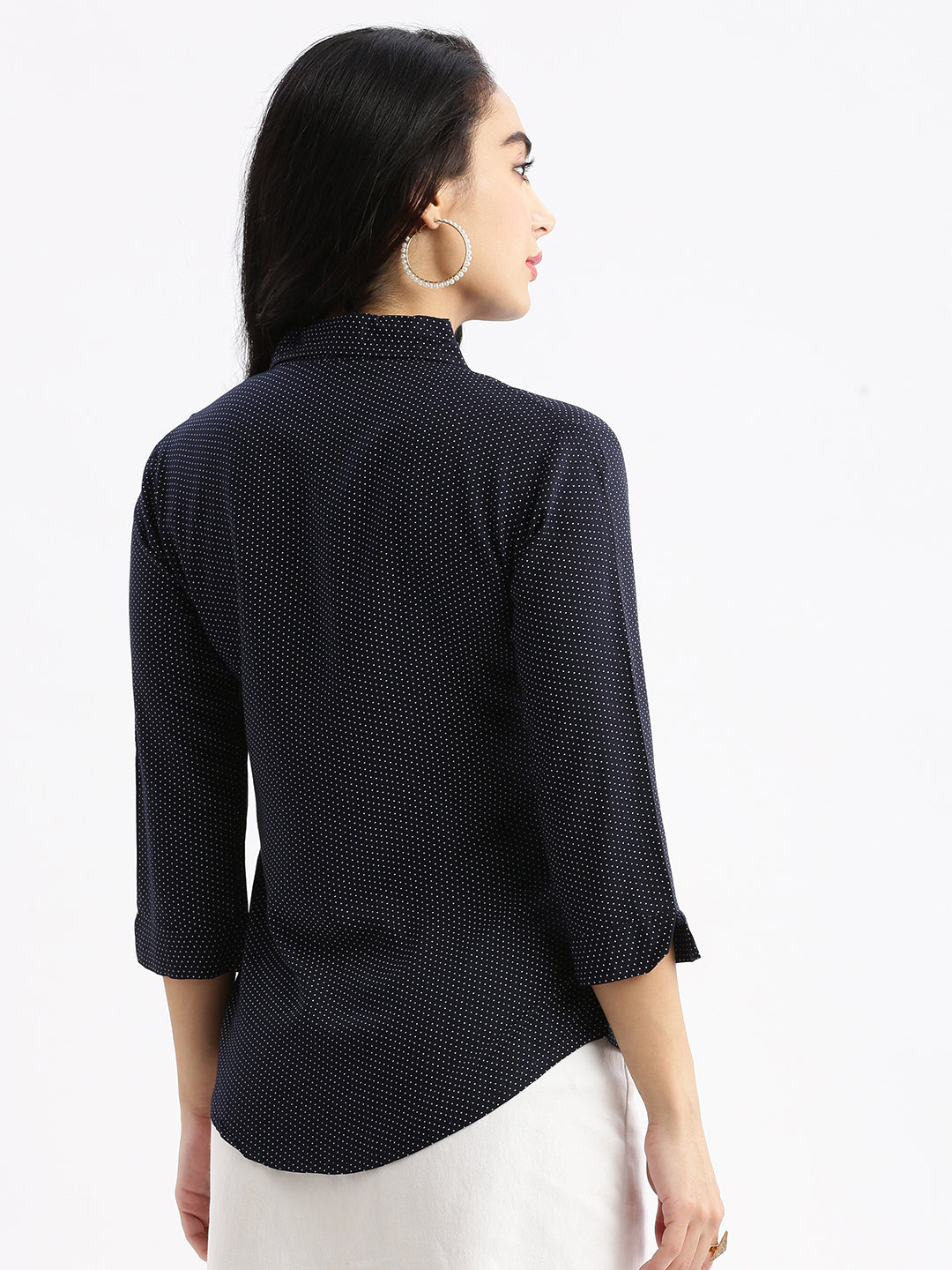 Women Micro Print Navy Blue Slim Fit Shirt