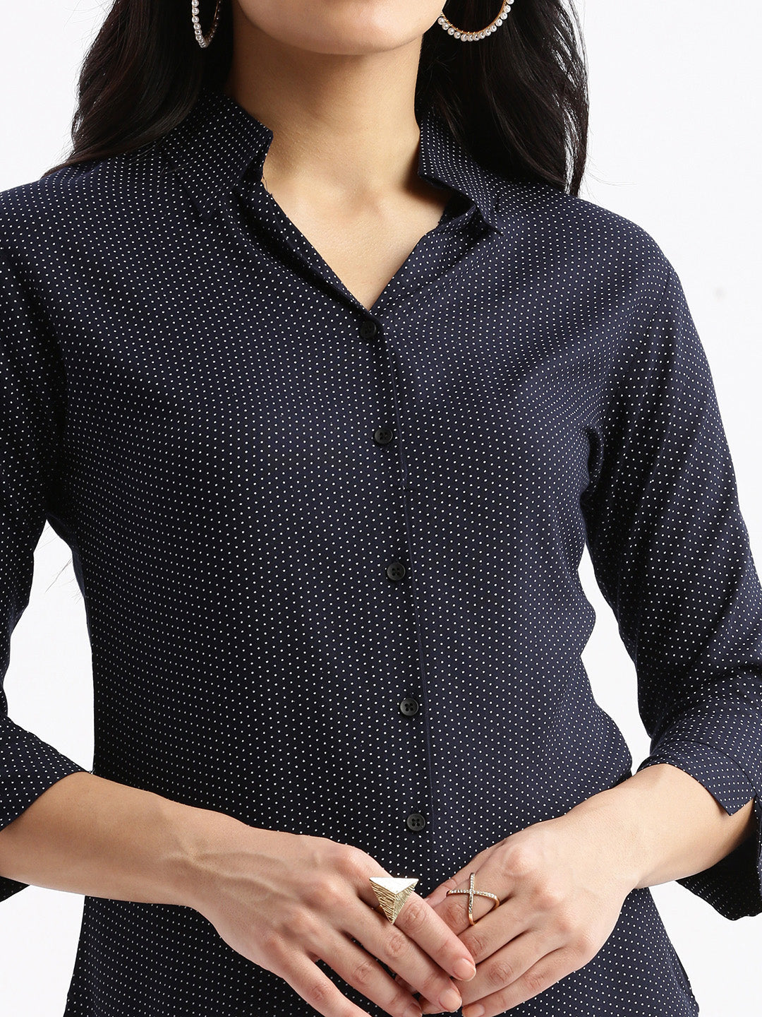 Women Micro Print Navy Blue Slim Fit Shirt