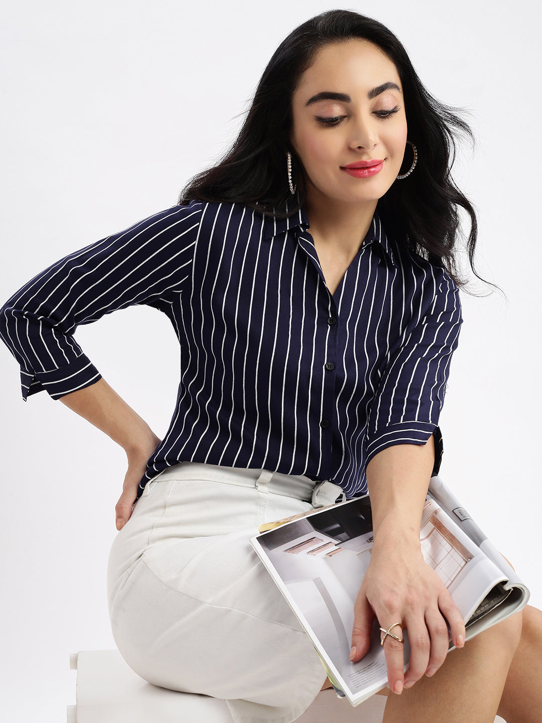 Women Striped Navy Blue Slim Fit Shirt