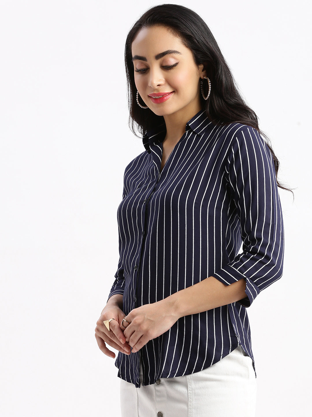 Women Striped Navy Blue Slim Fit Shirt