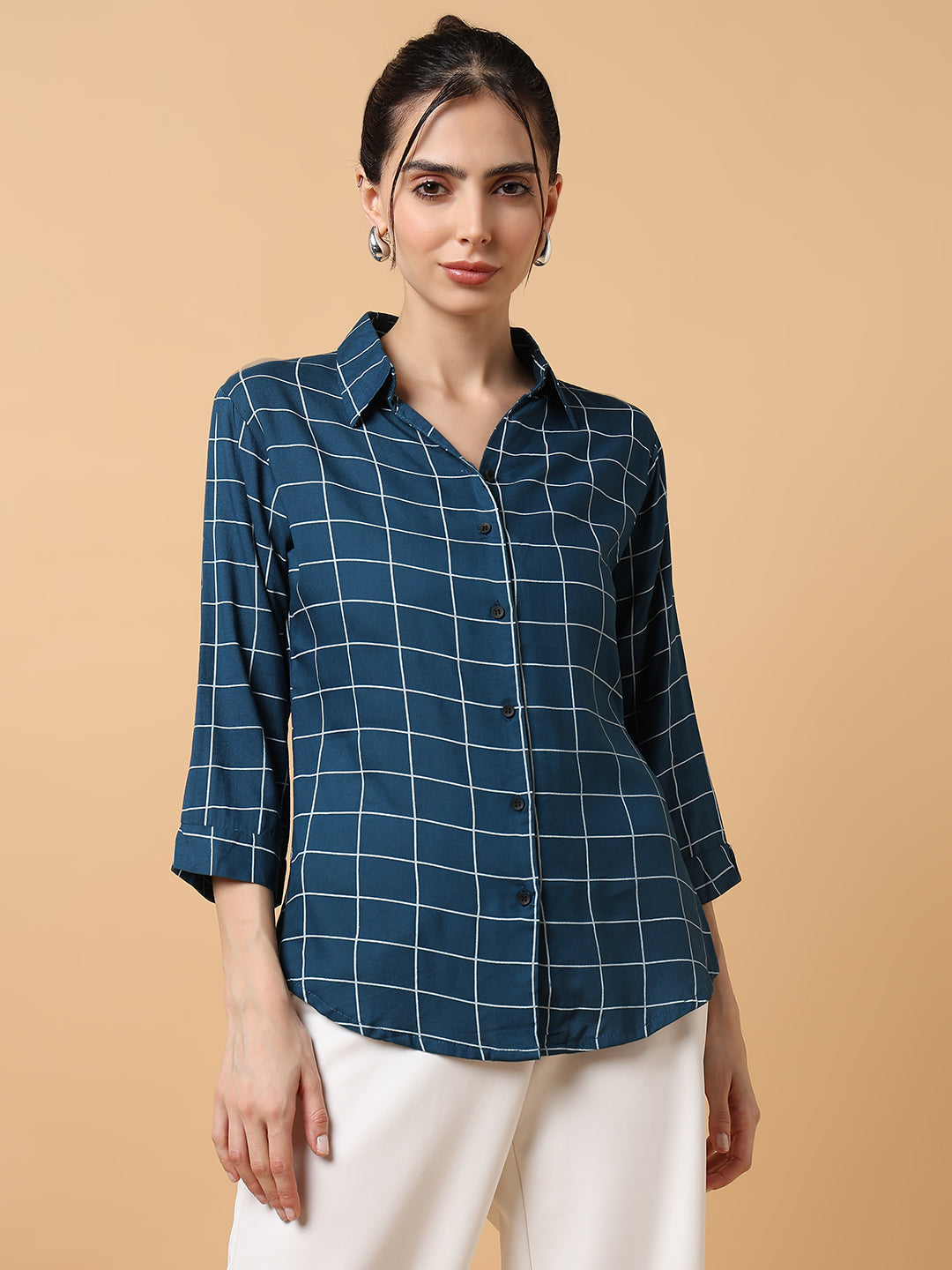 Women Checked Teal Shirt