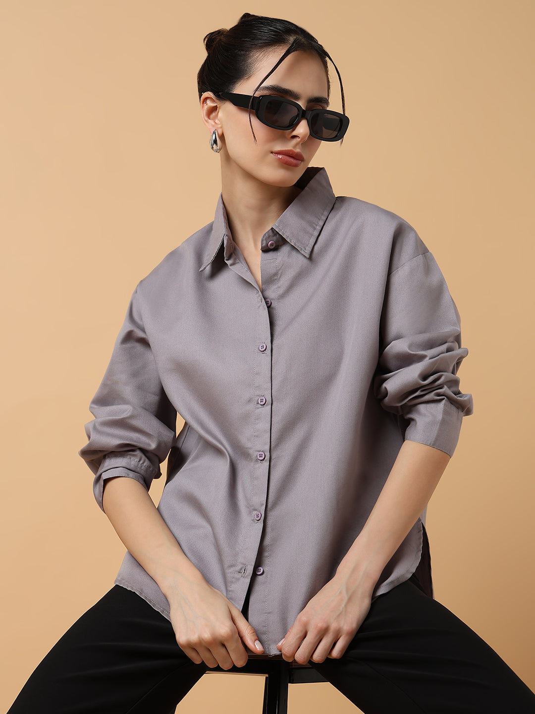 Women Solid Grey Slim Fit Shirt