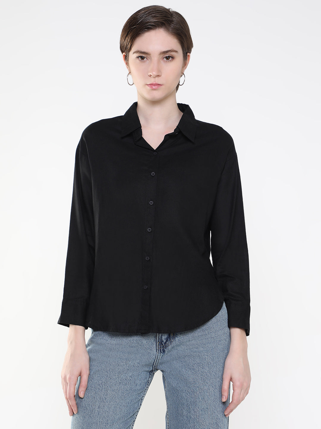 Women Solid Black Slim Fit Shirt