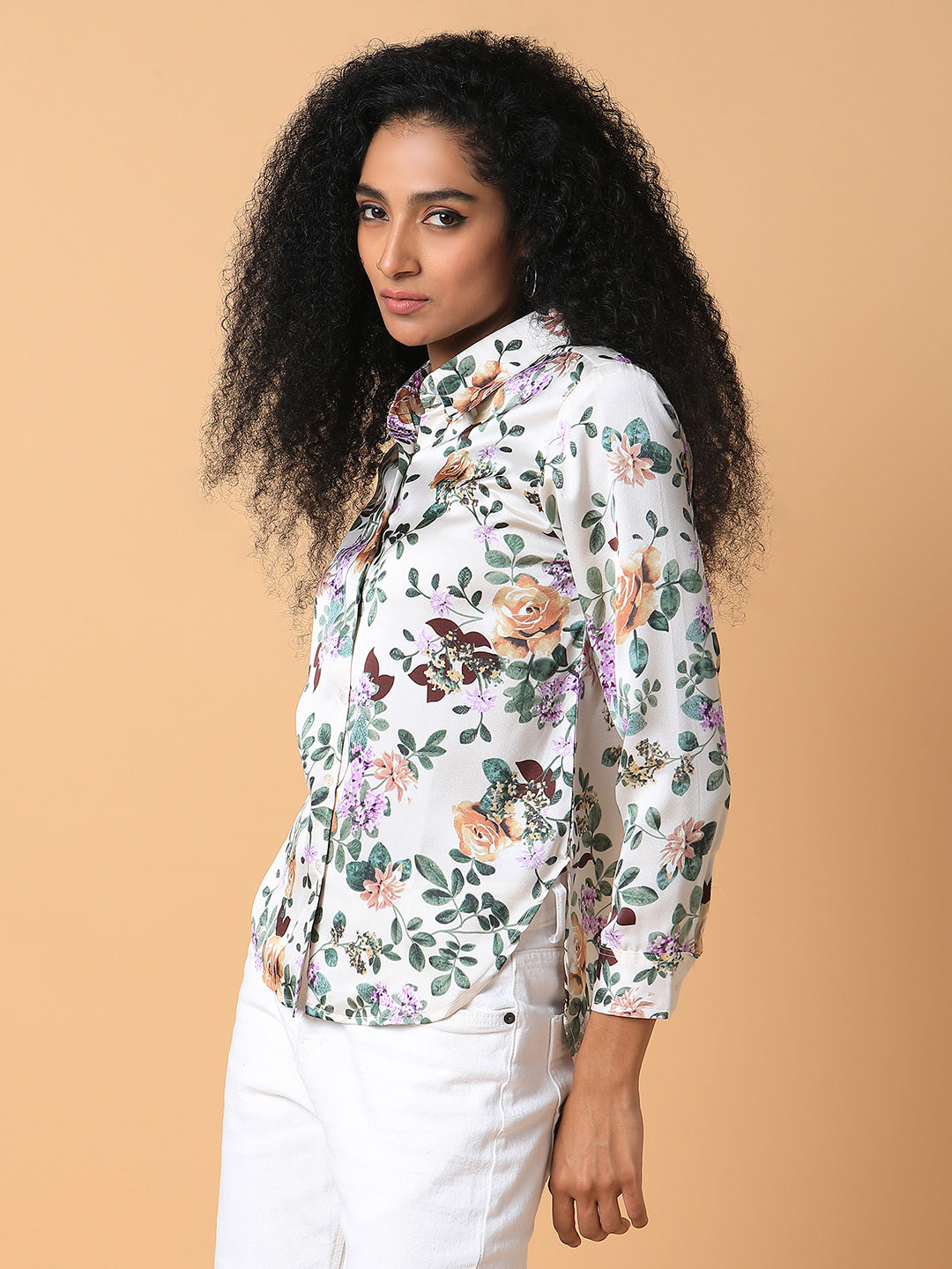 Women Floral Cream Slim Fit Shirt