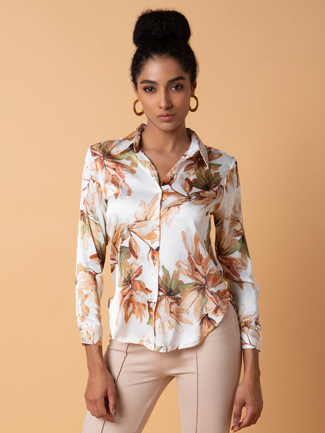 Women Floral Cream Slim Fit Shirt