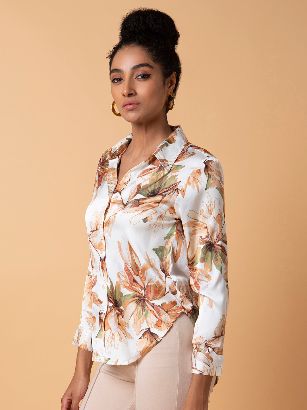 Women Floral Cream Slim Fit Shirt