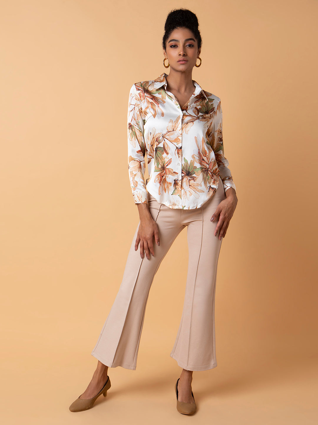 Women Floral Cream Slim Fit Shirt