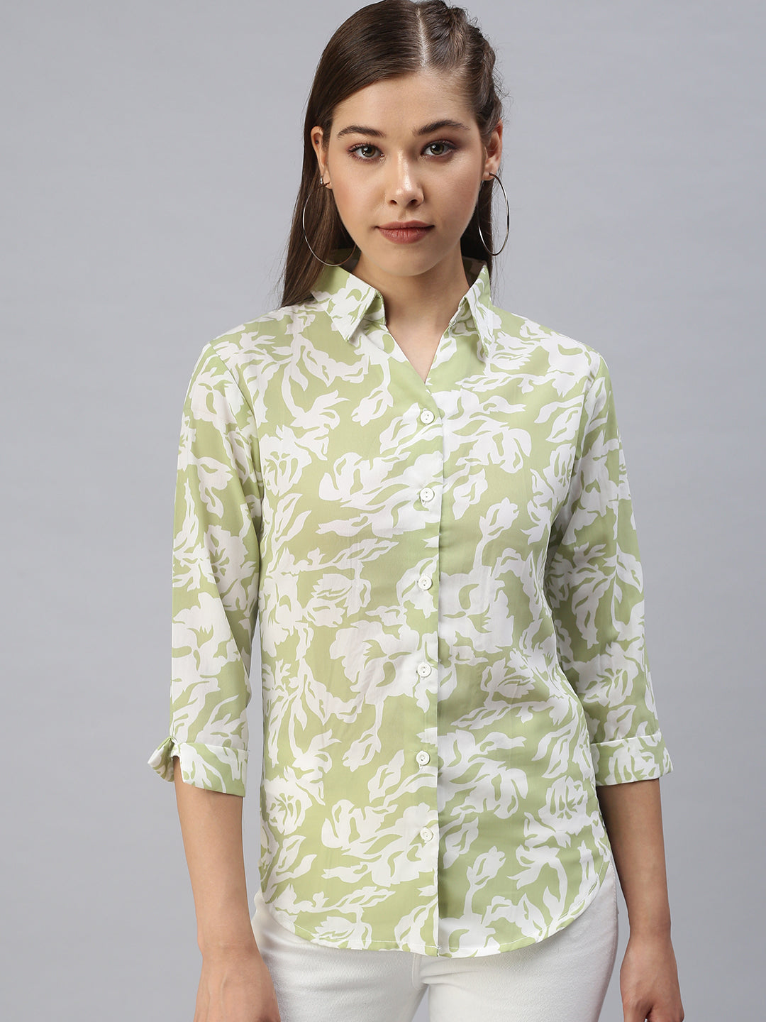 Women Spread Collar Printed Green Shirts