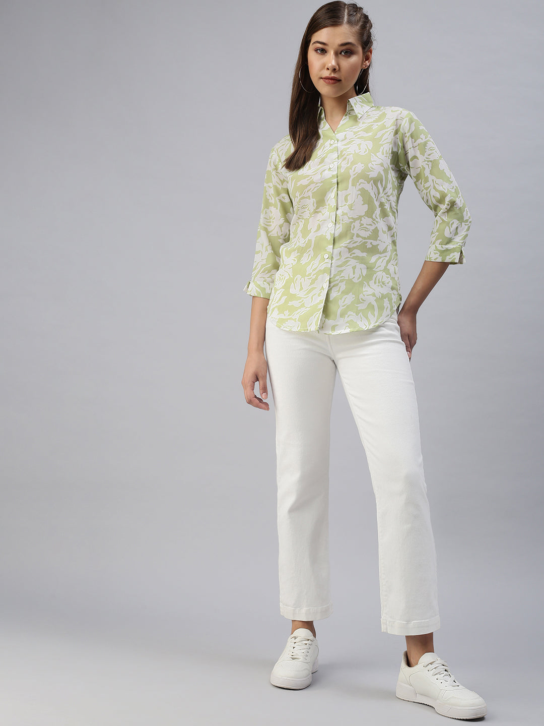 Women Spread Collar Printed Green Shirts