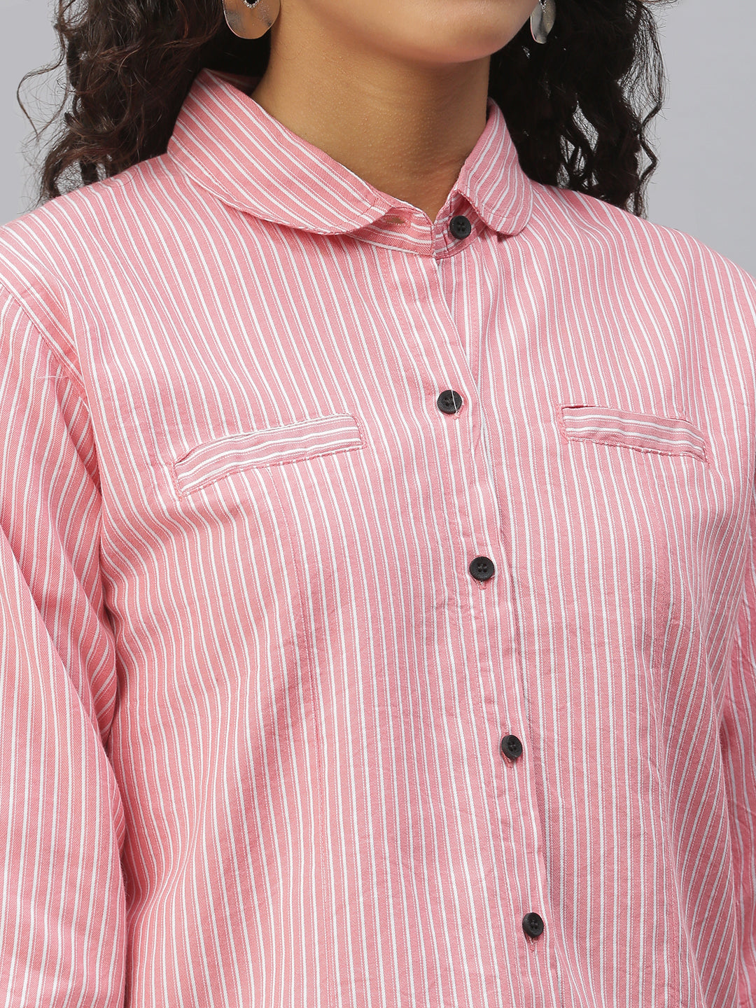 Women Club Collar Striped Pink Shirts