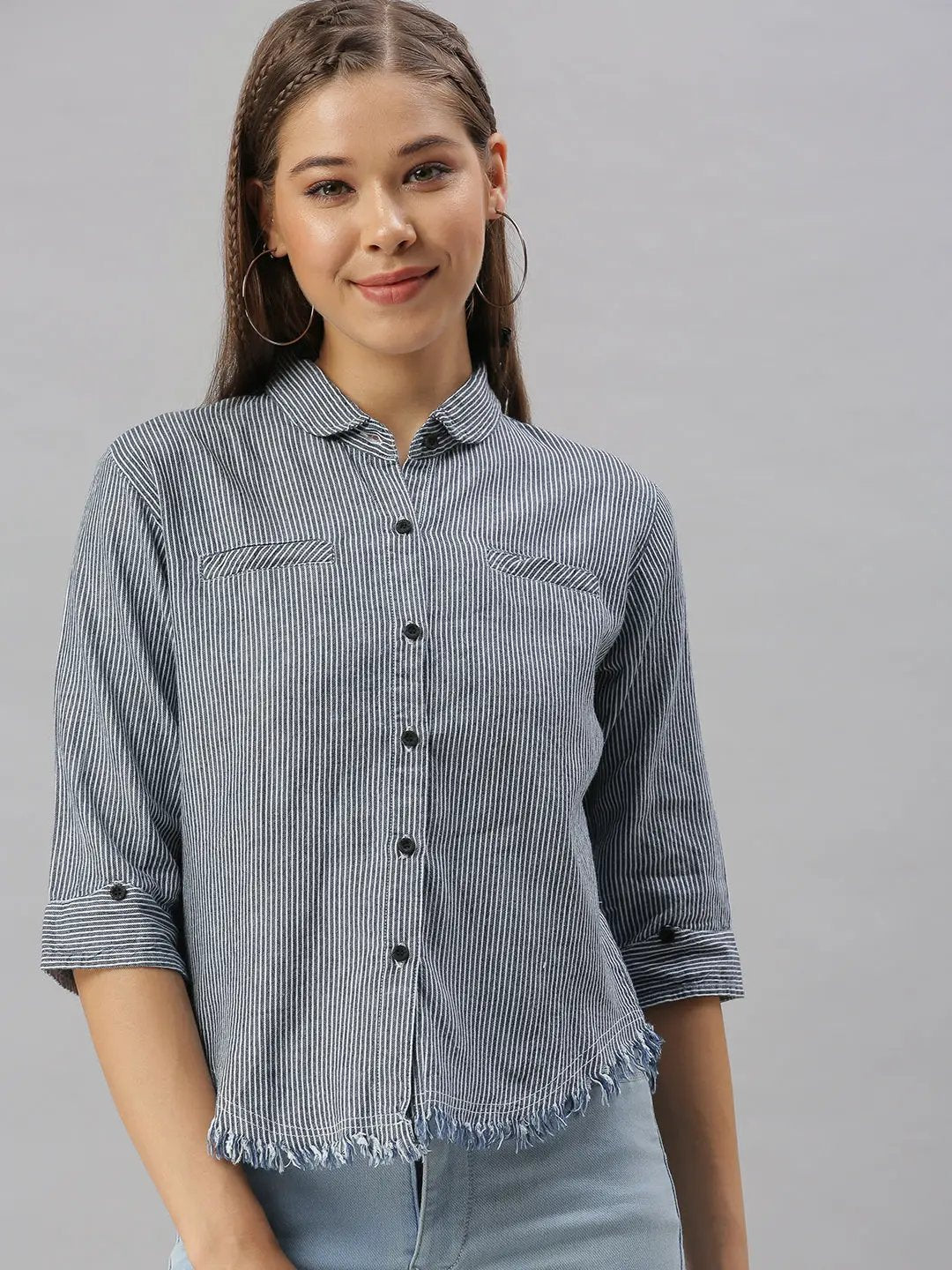 Women's Navy Blue Striped Shirt