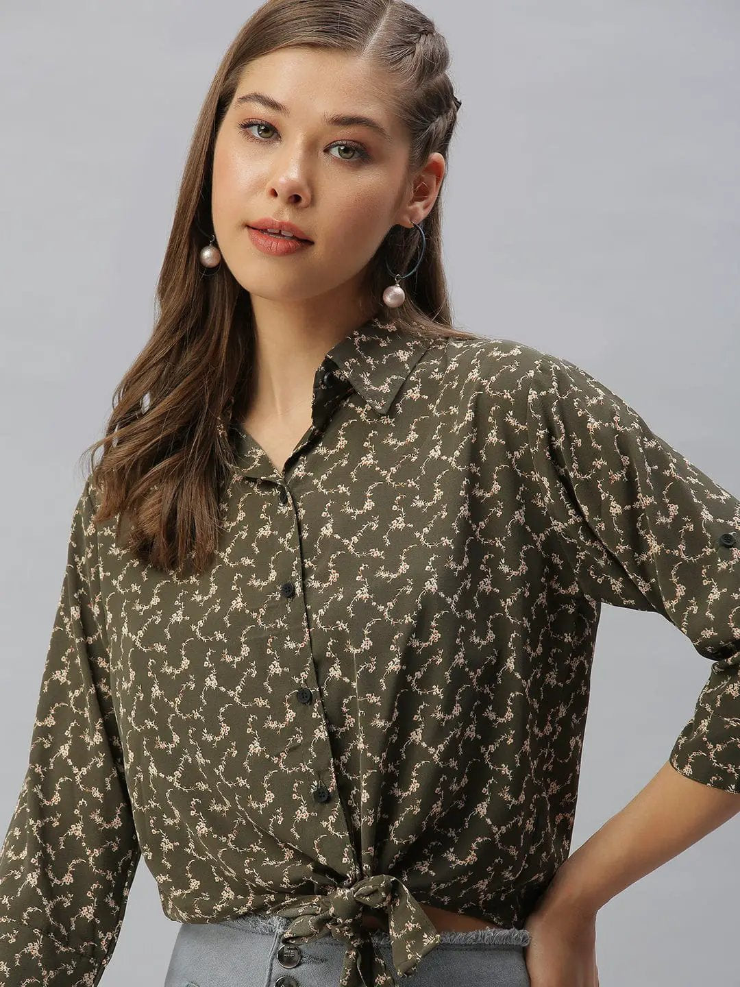 Women's Shirt Collar Printed Olive Shirt Style Top