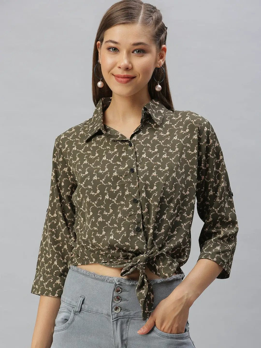 Women's Shirt Collar Printed Olive Shirt Style Top
