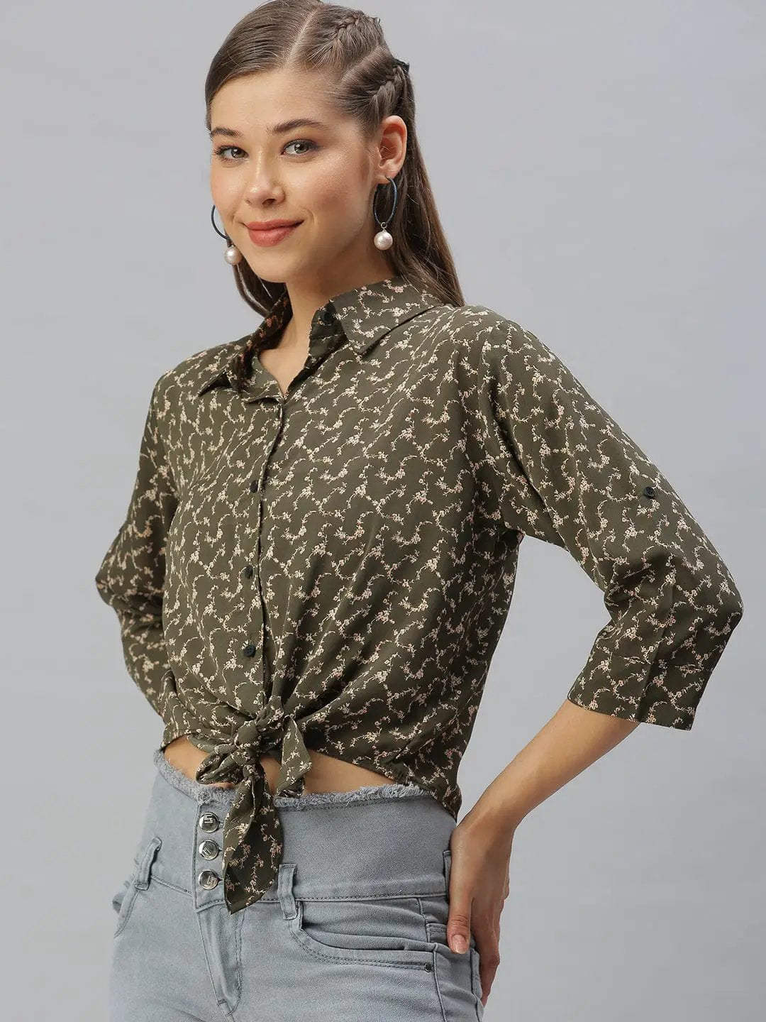 Women's Shirt Collar Printed Olive Shirt Style Top