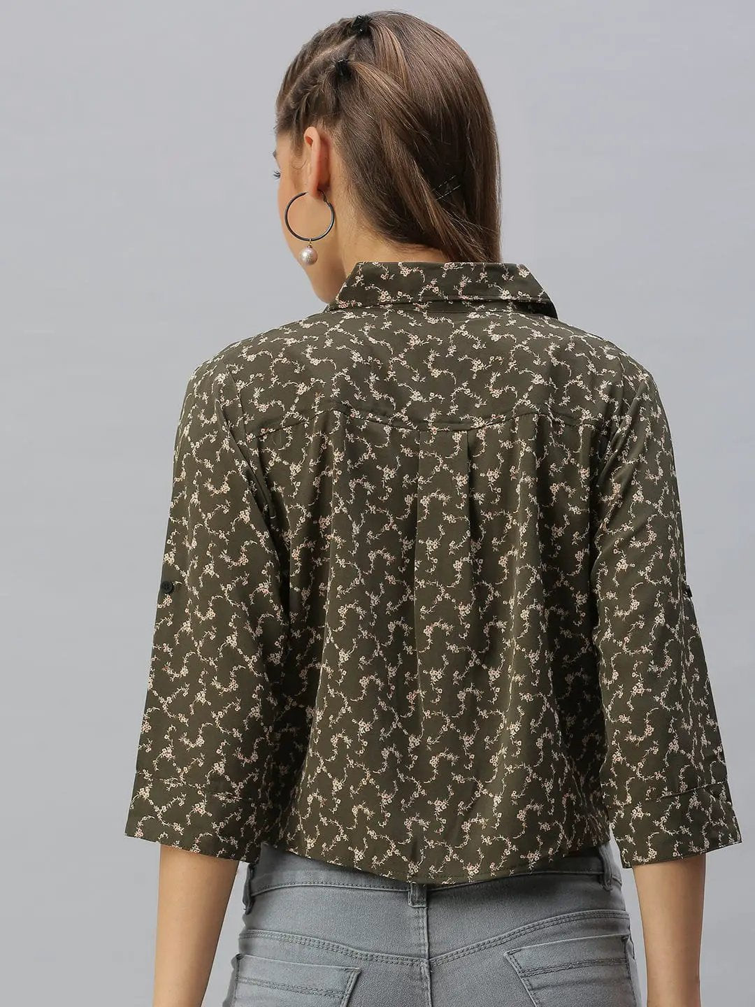 Women's Shirt Collar Printed Olive Shirt Style Top