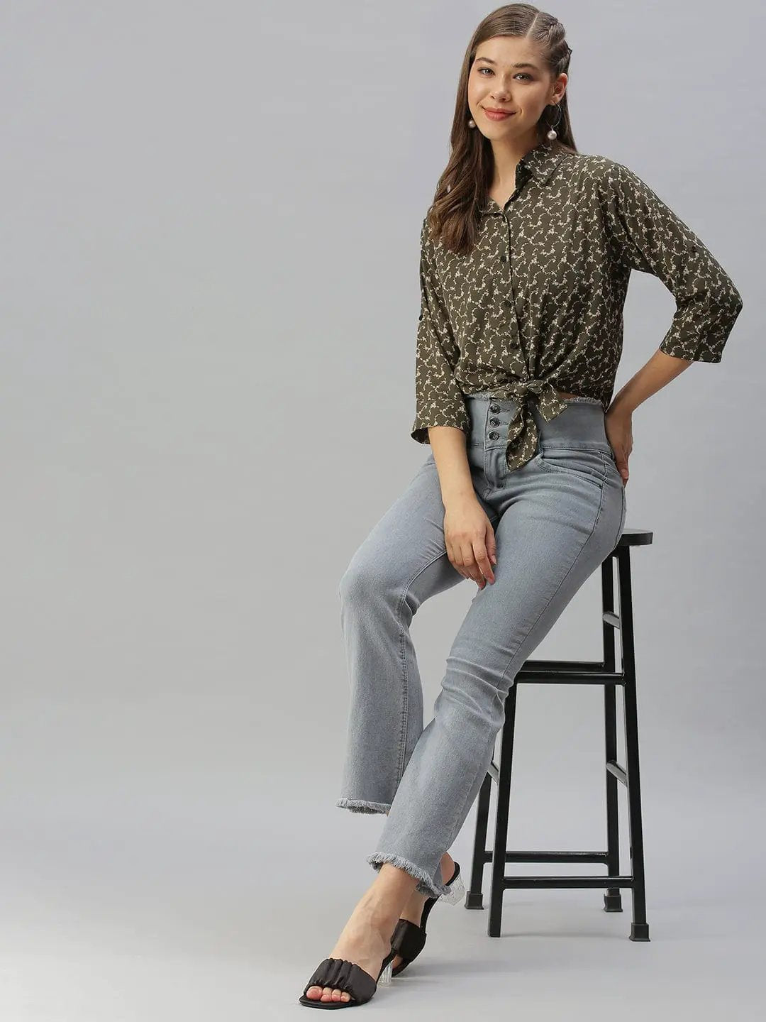 Women's Shirt Collar Printed Olive Shirt Style Top