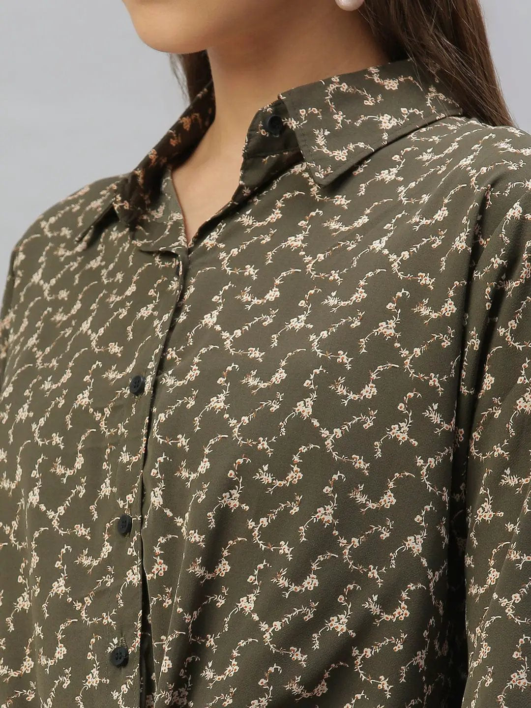 Women's Shirt Collar Printed Olive Shirt Style Top