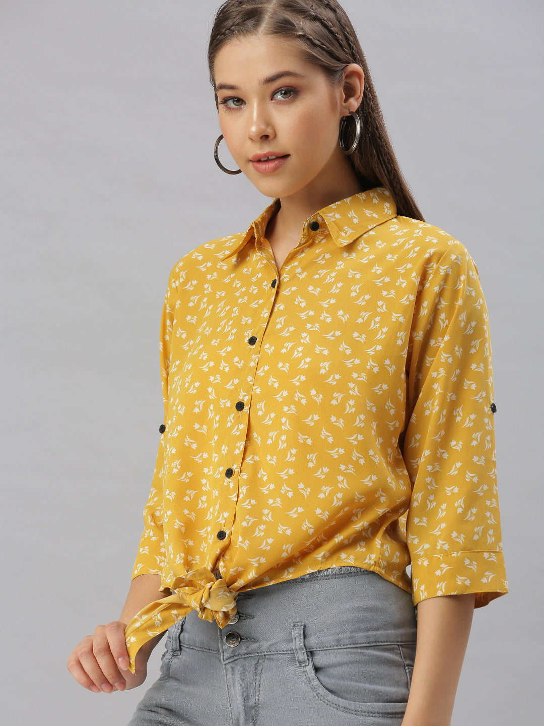 Women's Mustard Comfort Regular Fit Floral Printed Casual Shirt