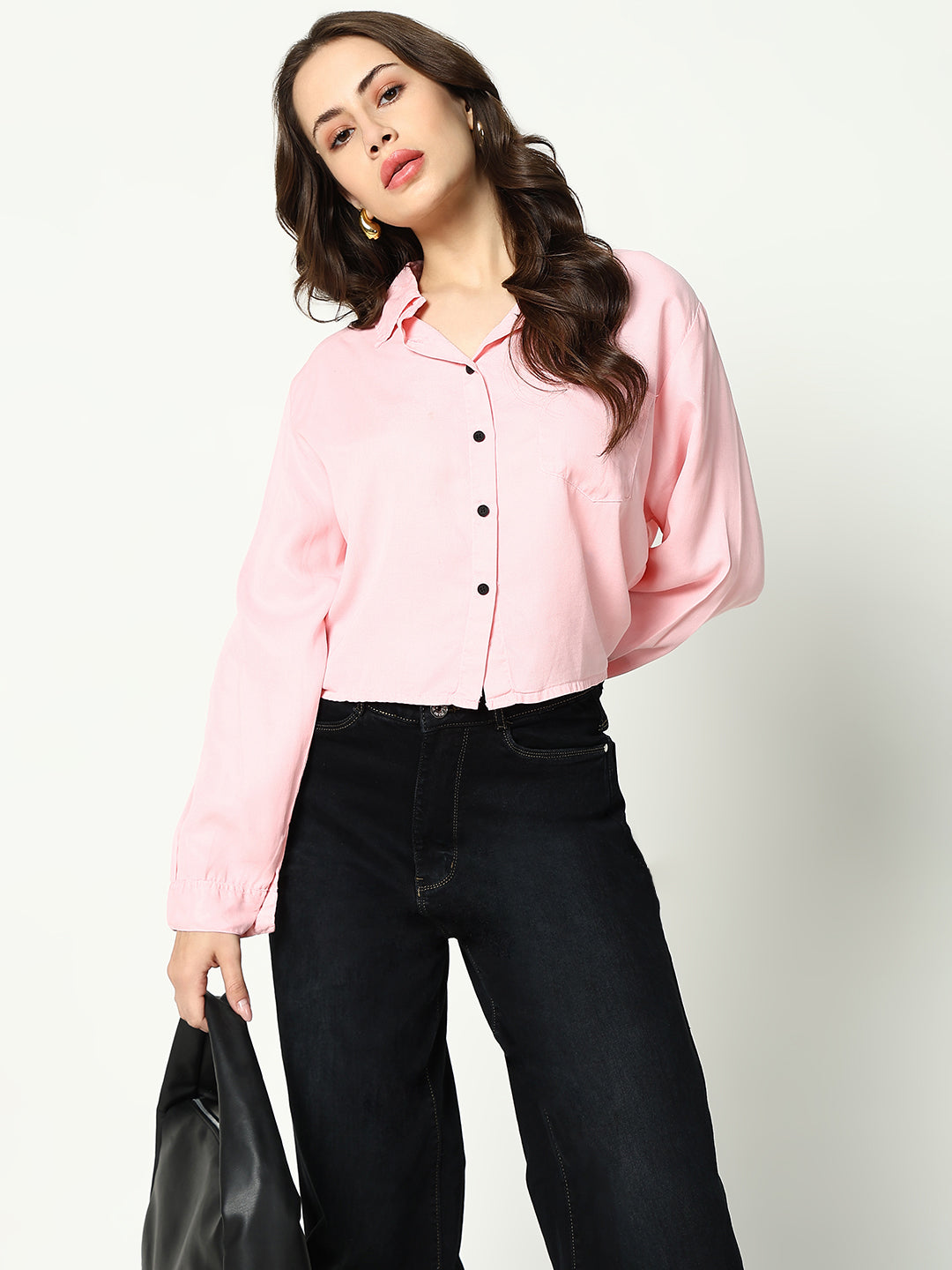 Women's Pink Solid Crop Shirt