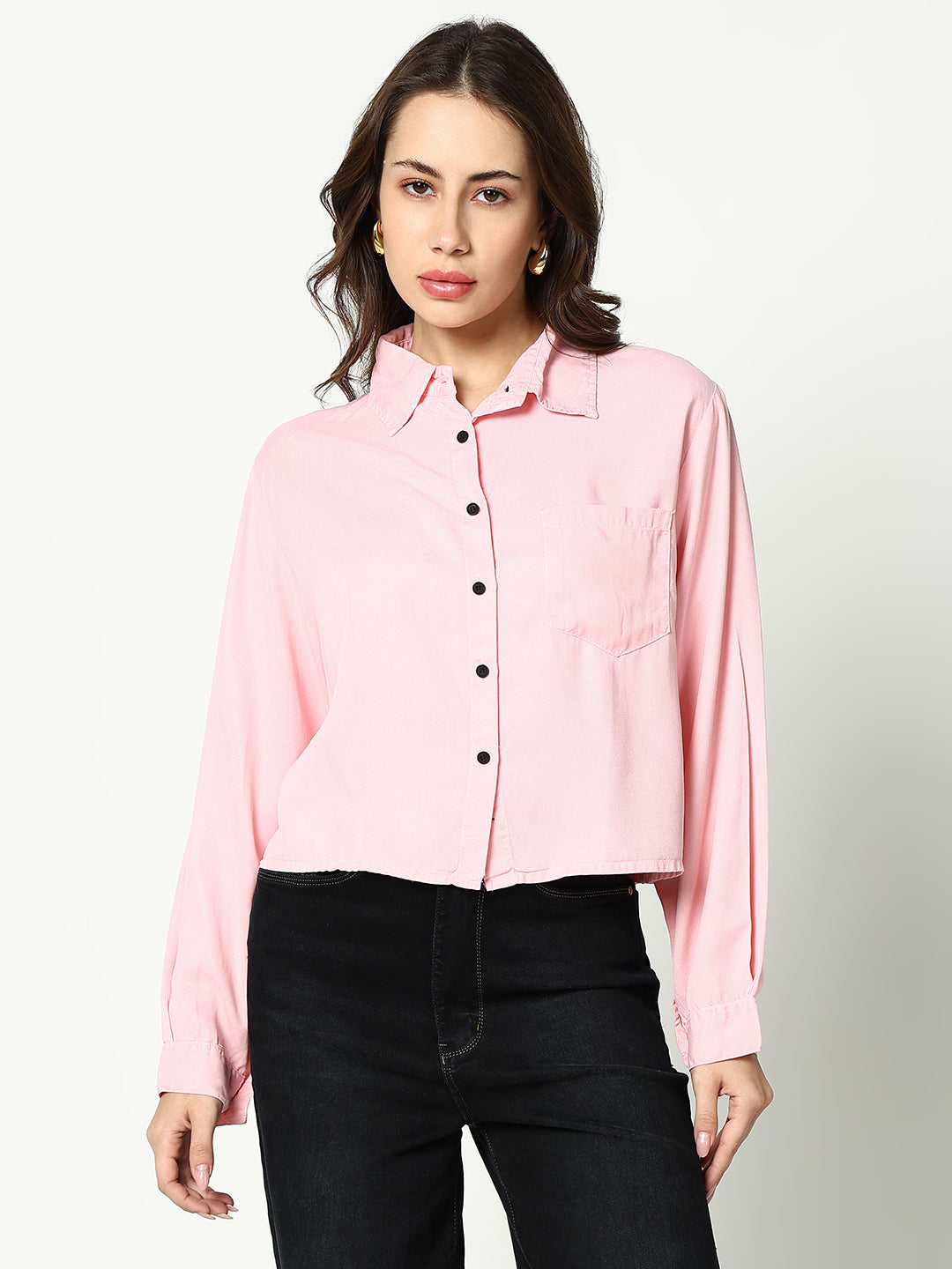 Women's Pink Solid Crop Shirt