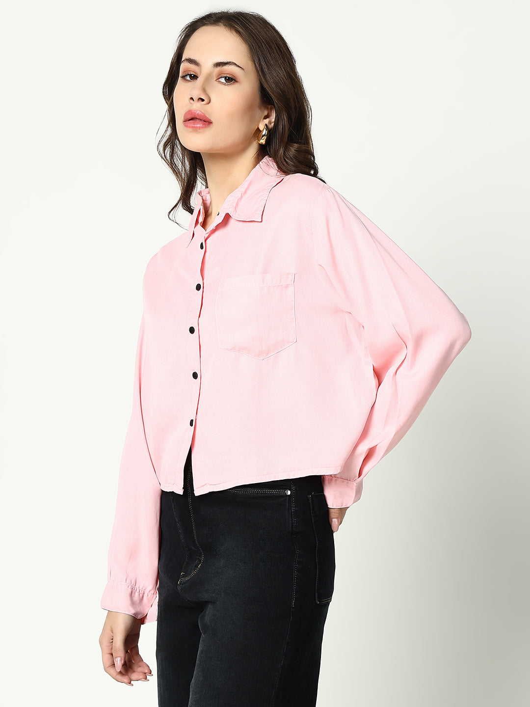 Women's Pink Solid Crop Shirt