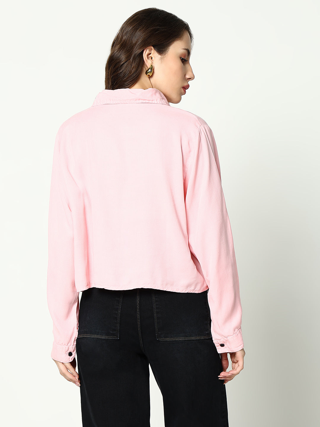 Women's Pink Solid Crop Shirt