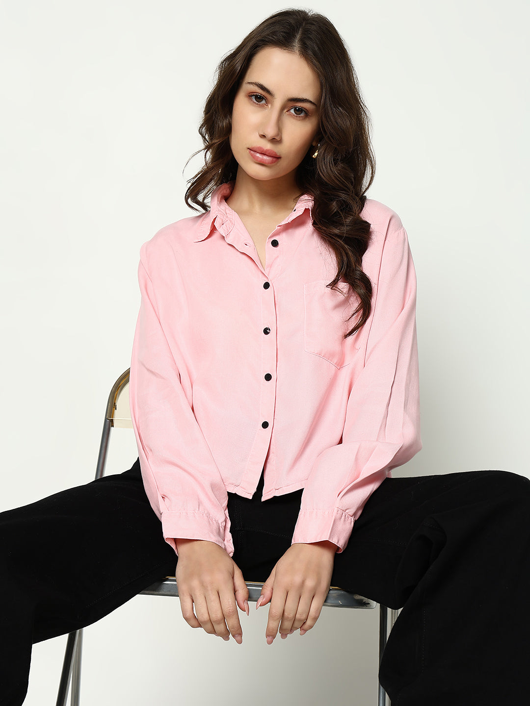 Women's Pink Solid Crop Shirt