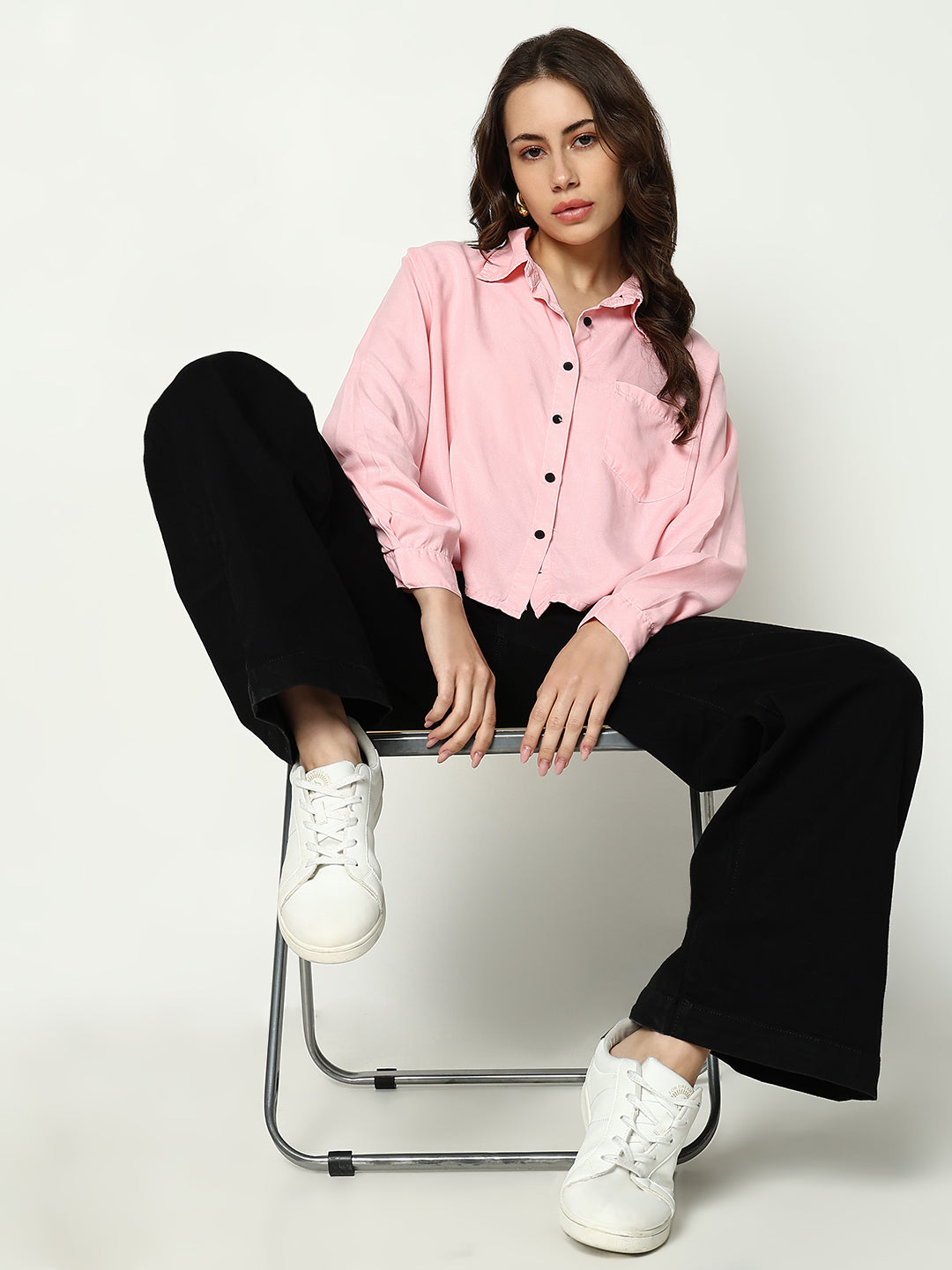 Women's Pink Solid Crop Shirt