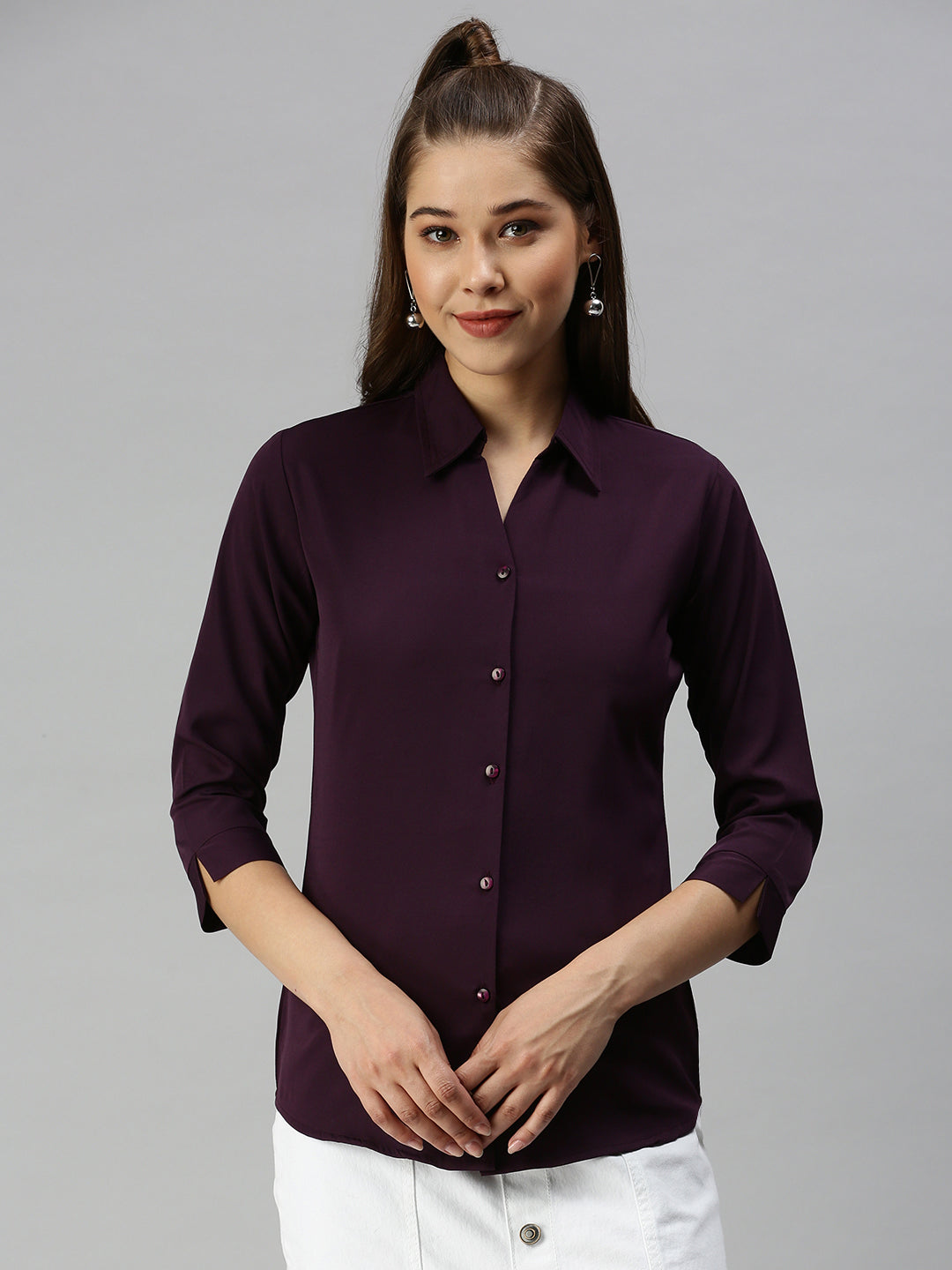 Women Slim Fit Magenta Solid Shirt