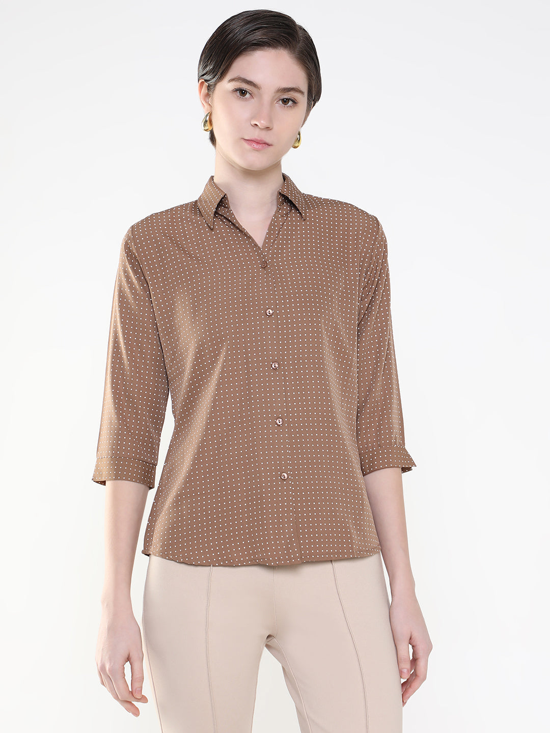 Women Micro Print Brown Slim Fit Shirt