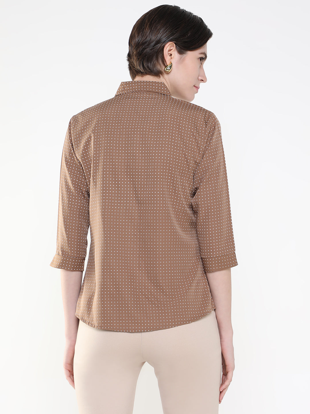 Women Micro Print Brown Slim Fit Shirt