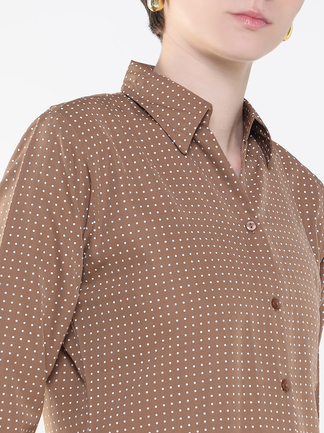 Women Micro Print Brown Slim Fit Shirt