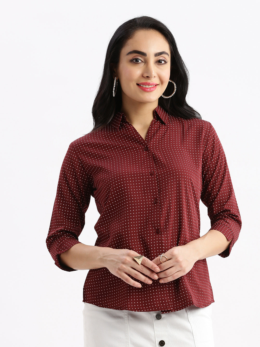 Women Micro Print Maroon Slim Fit Shirt