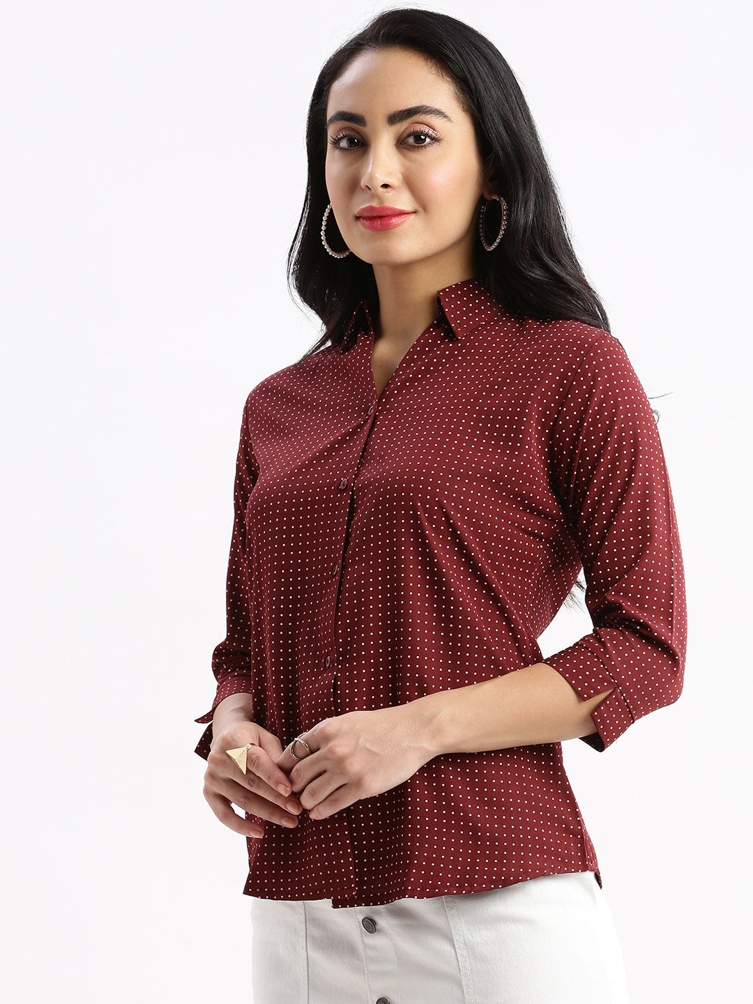 Women Micro Print Maroon Slim Fit Shirt