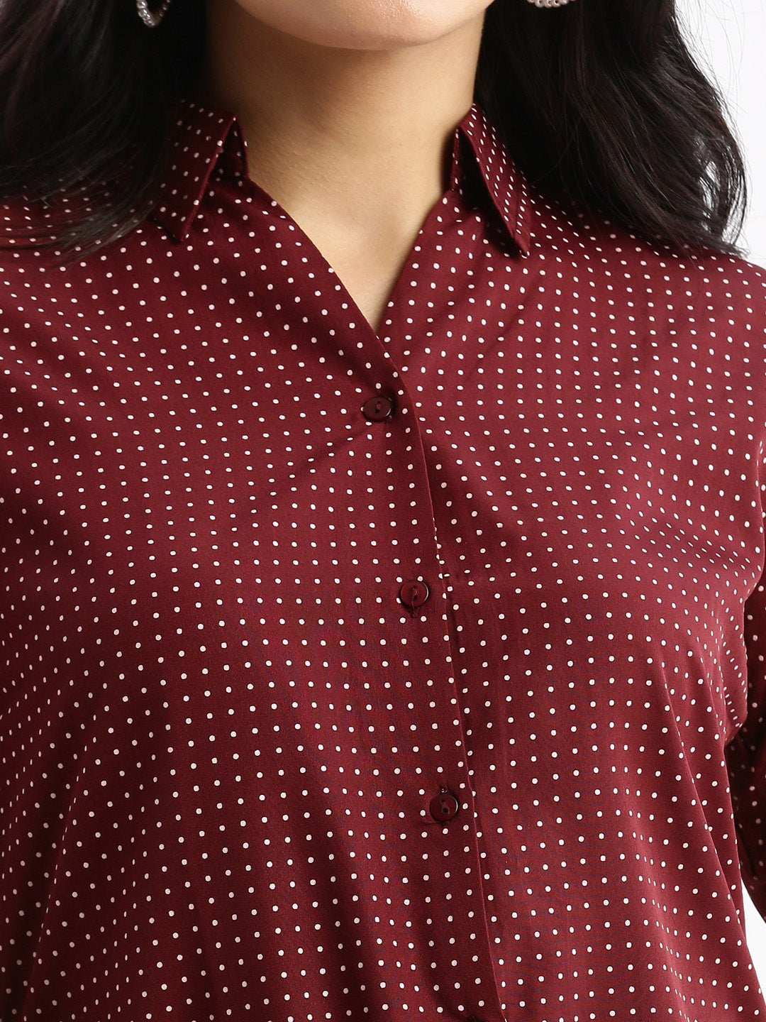 Women Micro Print Maroon Slim Fit Shirt