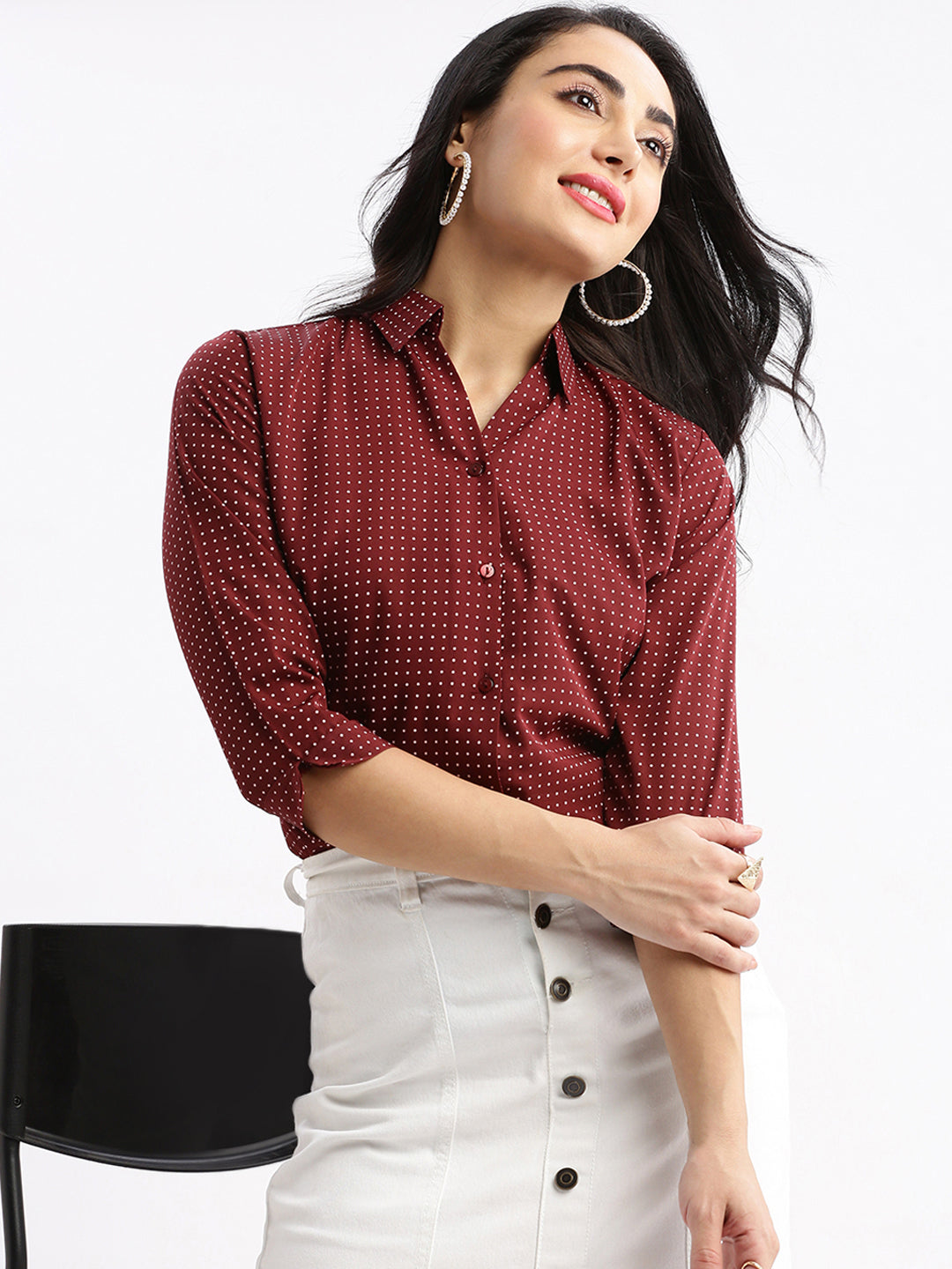 Women Micro Print Maroon Slim Fit Shirt