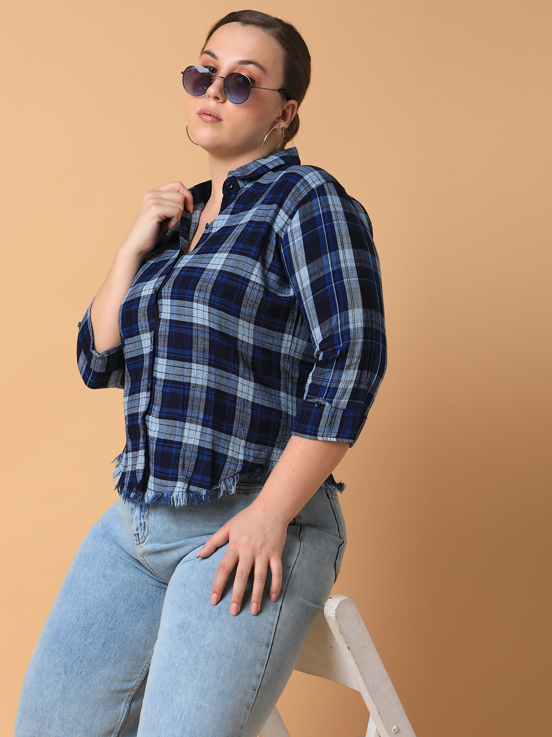 Women Checked Navy Blue Slim Fit Shirt