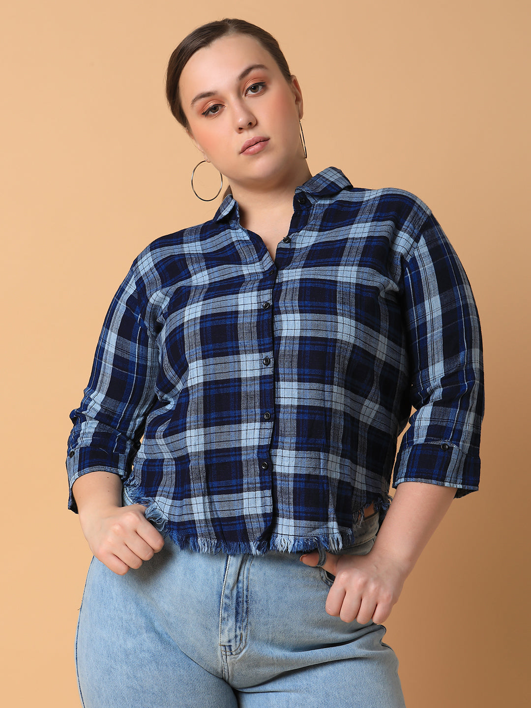 Women Checked Navy Blue Slim Fit Shirt