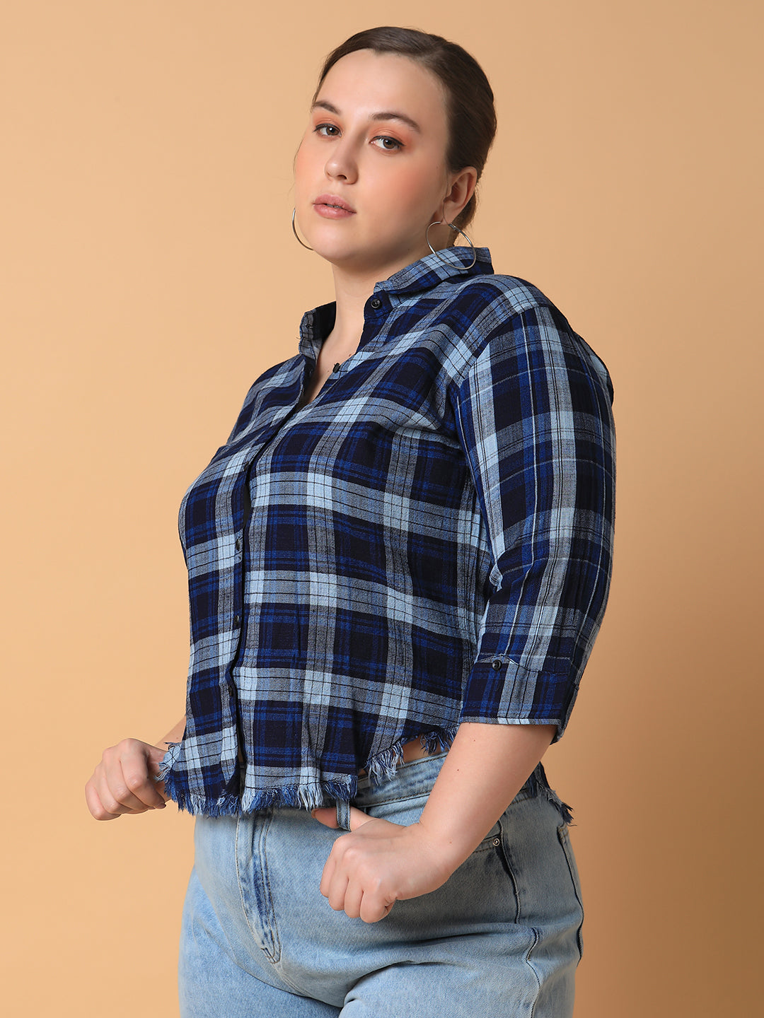 Women Checked Navy Blue Slim Fit Shirt