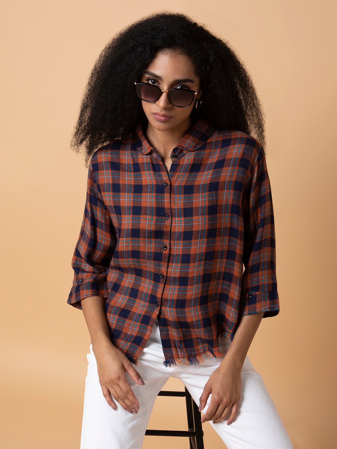 Women Checked Rust Slim Fit Shirt