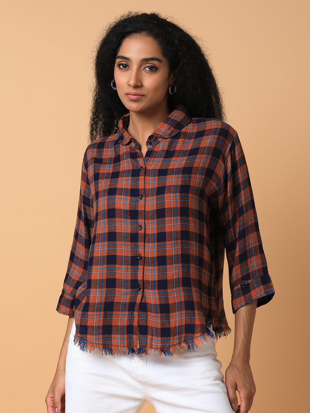 Women Checked Rust Slim Fit Shirt